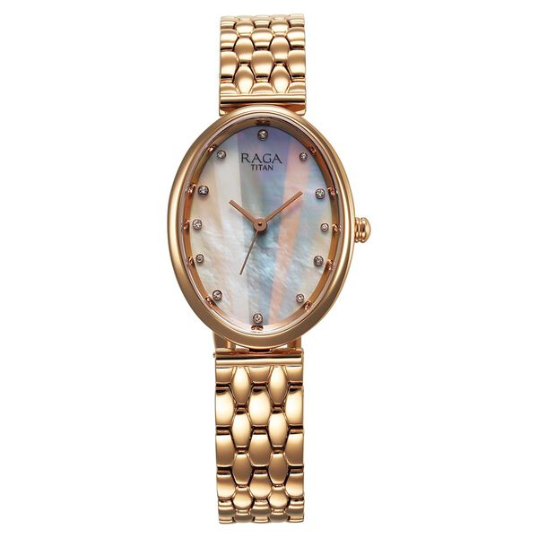 Titan Raga Memoirs Quartz Analog Mother Of Pearl Dial Rose Gold Metal Strap Oval Shaped Watch For Women - image number 2
