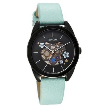 Sonata Unveil Quartz Multifunction Black Dial Leather Strap Watch for Women