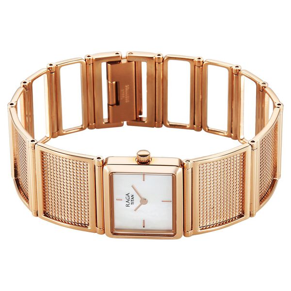 Titan Raga Ethereal Quartz Analog White Mother Of Pearl Dial Rose Gold Stainless Steel Strap Watch For Women - image number 3