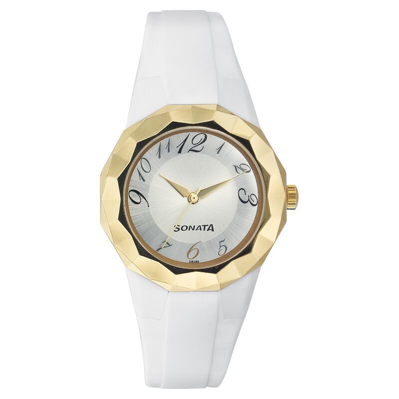 SF Quartz Analog Silver Dial Plastic Strap Watch for Women