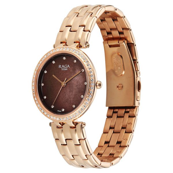 Titan Raga DEC Blaze Quartz Analog Brown Mother Of Pearl Dial Rose Gold Metal Strap Watch For Women - image number 2