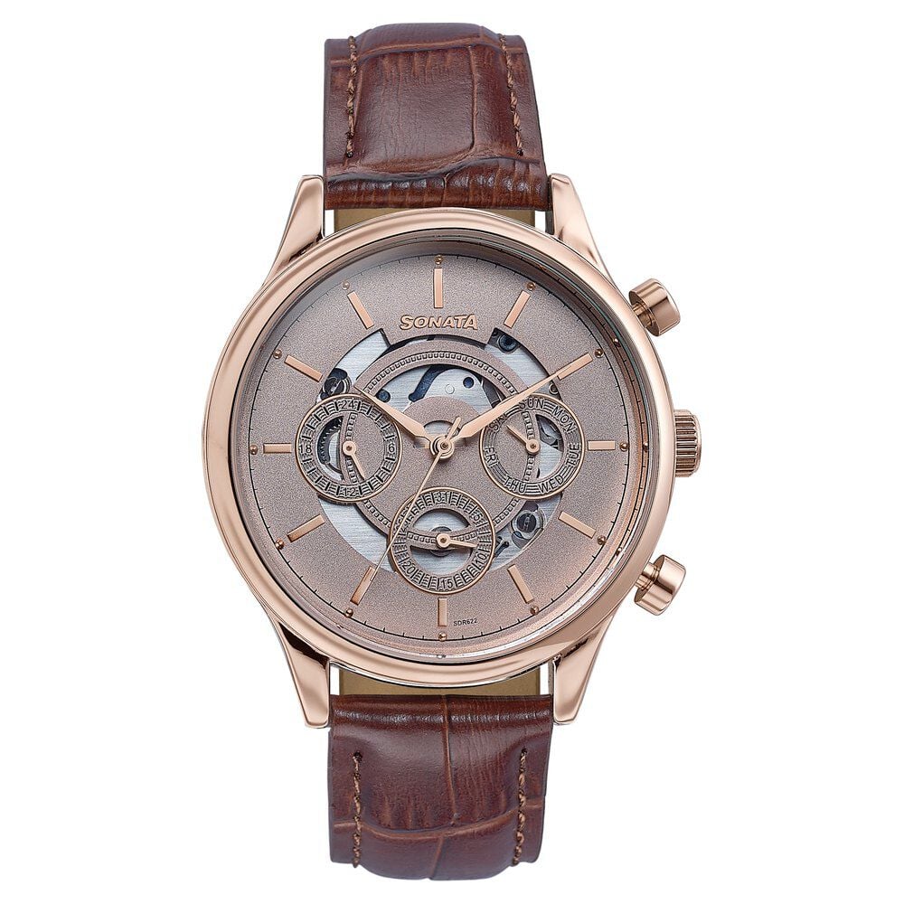 Sonata Wedding Edit Quartz Multifunction Pink Dial Leather Strap Watch For Men-image-20