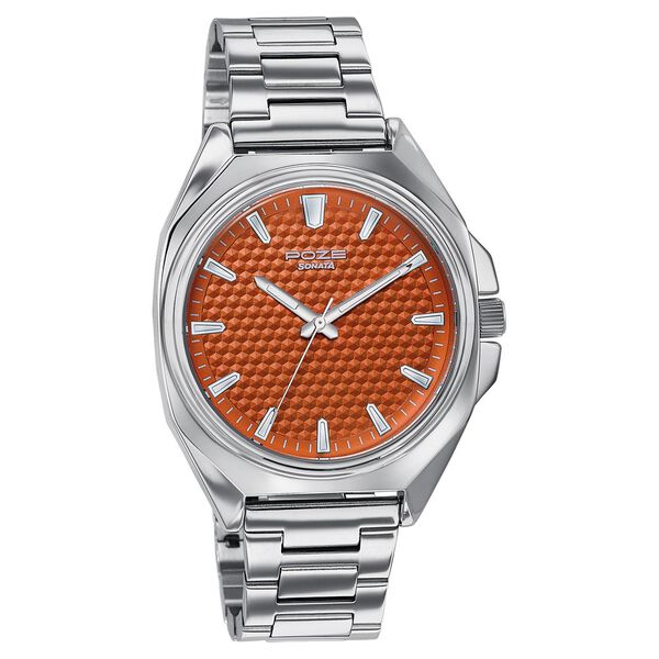 Poze By Sonata Quartz Analog Orange Dial Silver Metal Strap Watch For Men - image number 2