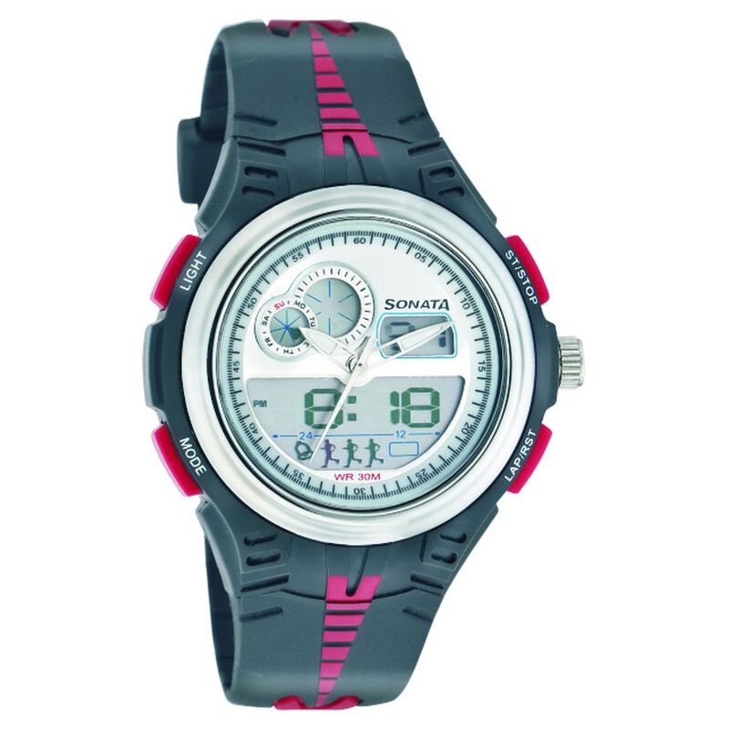 SF Quartz Analog Digital Silver Dial Plastic Strap Watch for Men