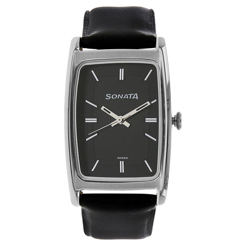 Sonata Quartz Analog Black Dial Leather Strap Watch for Men