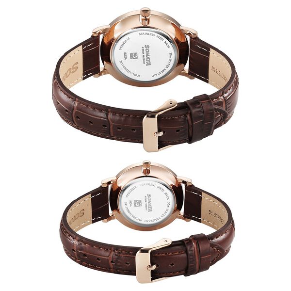 Sonata Perfect Pairs Quartz Analog White Dial Brown Leather Strap Watch For Couple - image number 3