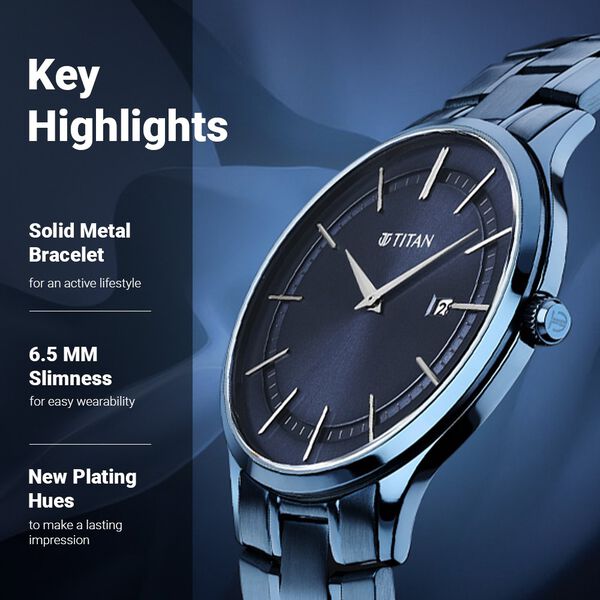 Titan Classique Slimline Blue Dial Quartz Analog with Date Stainless Steel Strap watch for Men - image number 2