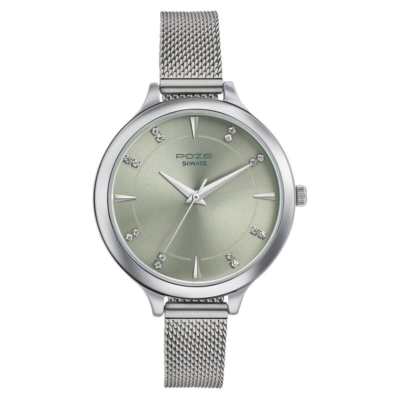 Sonata Poze Quartz Analog Green Dial Stainless Steel Strap Watch for Women