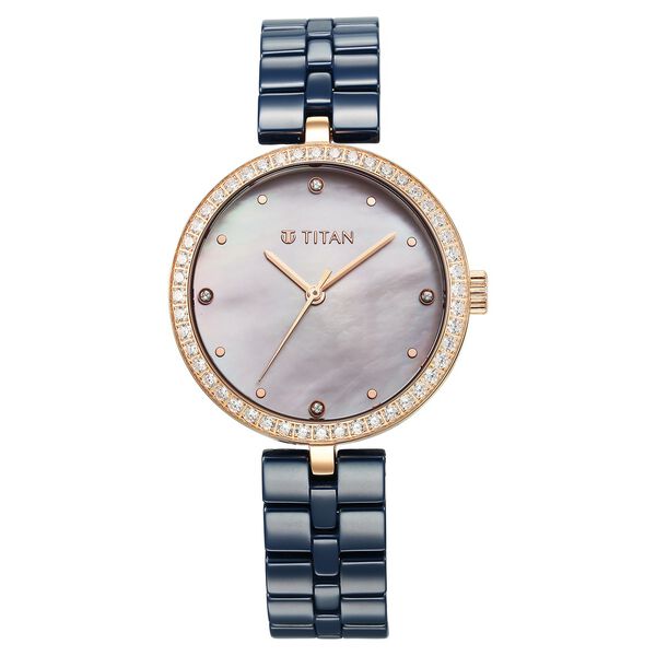 Titan Purple Ceramics Quartz Analog Mother of Pearl Dial Blue Ceramic Strap Watch For Women - image number 0