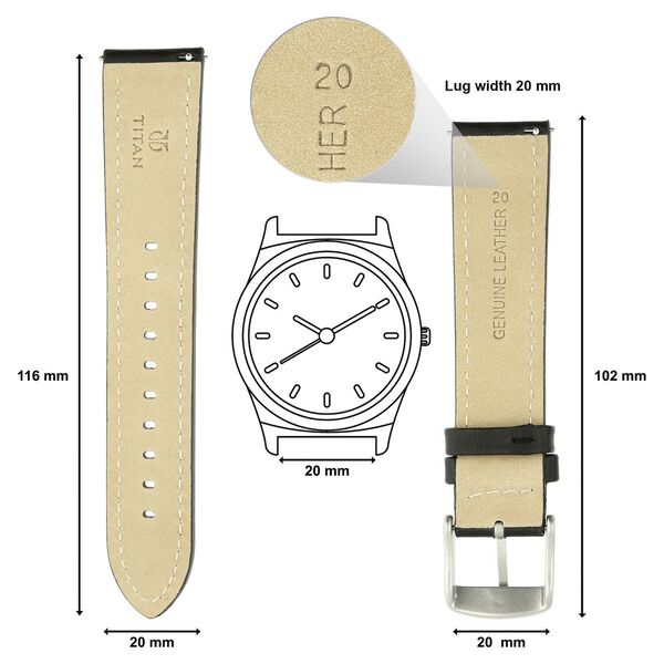 20 mm Black Genuine Leather Strap for Men - image number 1