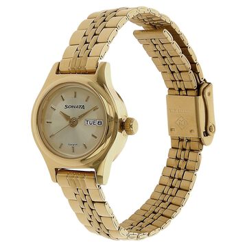 Sonata Quartz Analog with Day and Date Champagne Dial Stainless Steel Strap Watch for Women