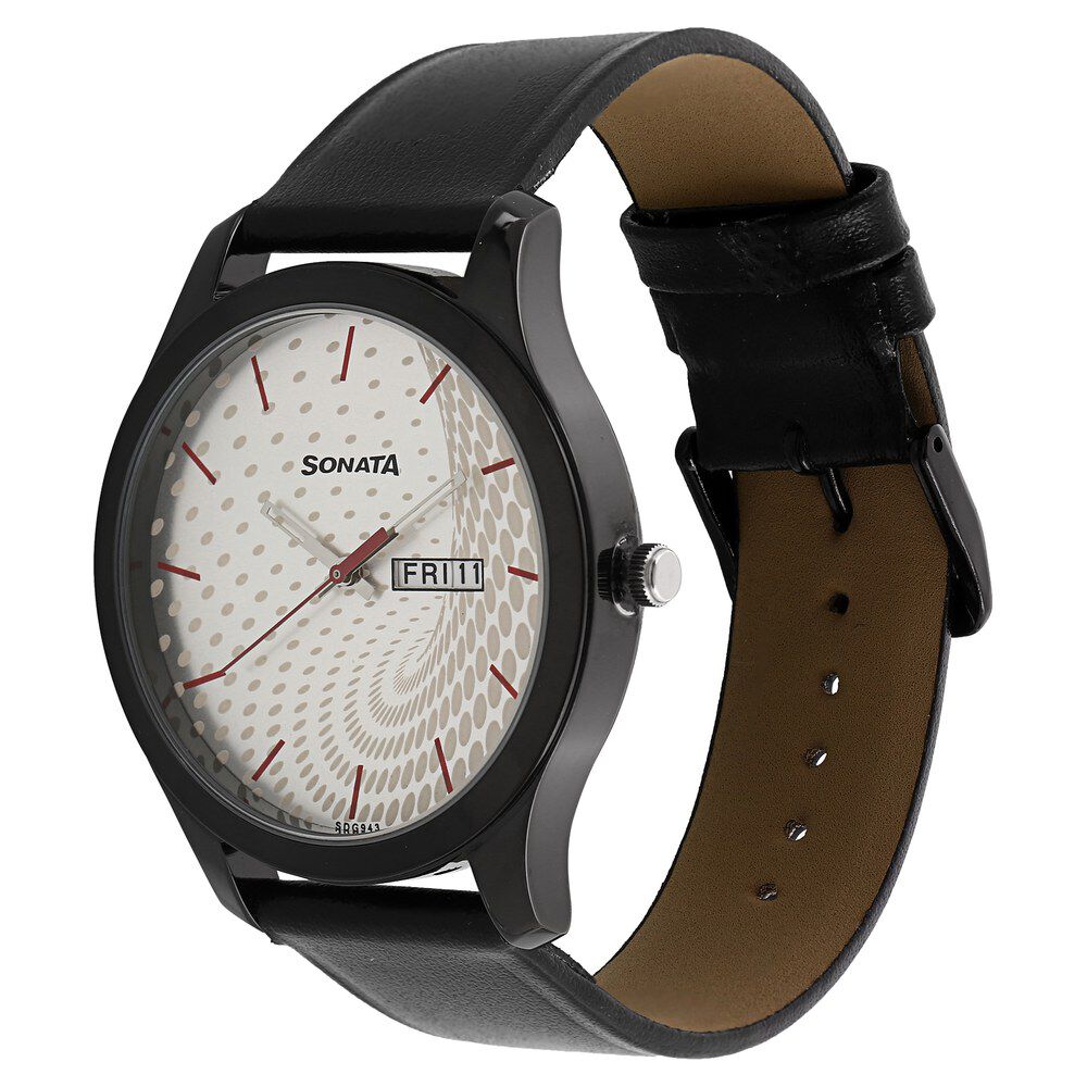 Buy Online Sonata Nxt Quartz Analog with Day and Date Silver Dial Leather Strap Watch for Men 77063nl02 Titan