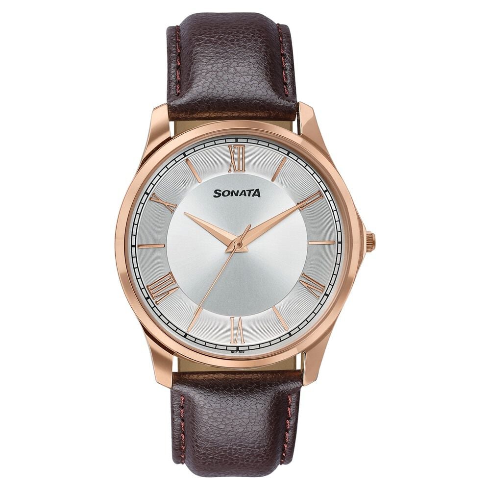 Sonata Traditional Essentials Silver Dial, Rose Gold tone case Burgundy Genuine Leather Strap Watch-picture-11