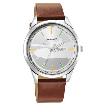 Sonata Force Quartz Analog with Day and Date Silver Dial Leather Strap Watch for Men