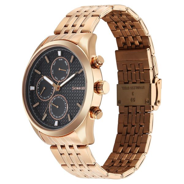 Sonata Magna Quartz Multifunction Black Dial Rose Gold Stainless Steel Strap Watch For Men - image number 2
