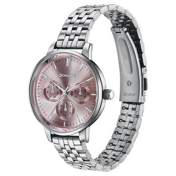 Sonata Verve Quartz Multifunction Pink Dial Rose Gold Metal Strap Watch For Women