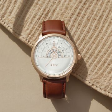 Titan Grandmaster White Dial Quartz Analog Leather Strap Watch for Men
