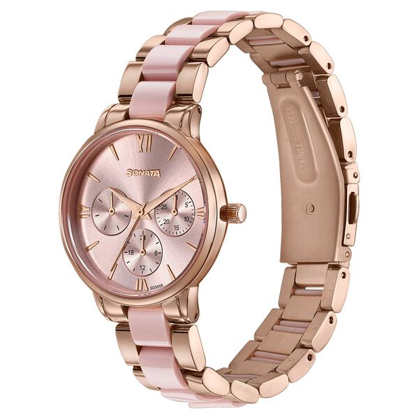 Sonata Festive Quartz Multifunction Pink Dial Two Toned Acetate And Metal Strap Watch For Women - image number 2