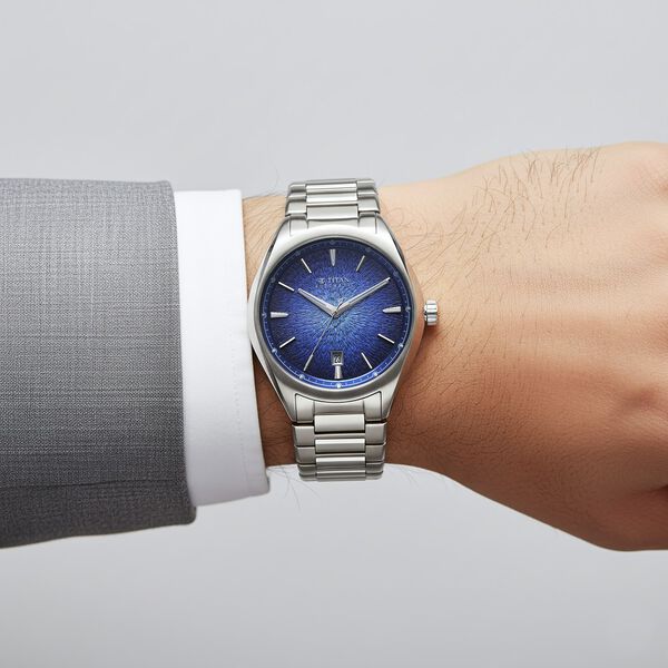 Titan Stellar Starlight Analog with Concealed Automatic and Blue Dial Silver Stainless Steel Strap Watch for Men - image number 7