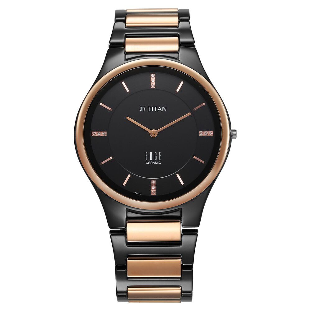 Buy Online Titan Edge Ceramic Slim Midnight Gold Strap Black Dial With Diamonds Analog Watch for Men 1696kc02 Titan