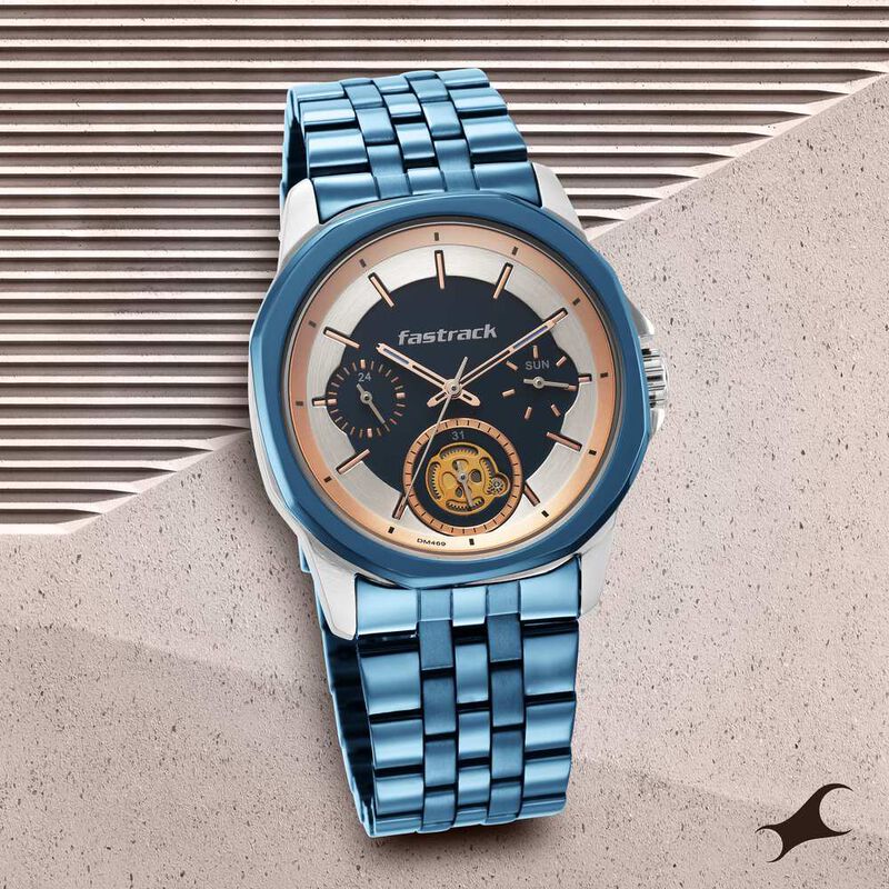 Fastrack Exuberant Quartz Analog Blue Dial Metal Strap Watch for Guys