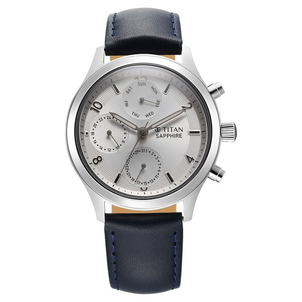 Titan Sapphire Quartz Multifunction Silver Dial Leather Strap Watch for Men - image number 0