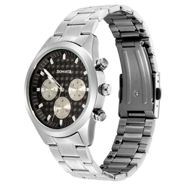 Sonata Multifunction Black Dial Silver Metal Strap Watch For Men - image number 2