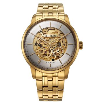 Titan Golden Heart Skeletal Automatic Analog with Silver Dial Yellow Gold Stainless Steel Strap Watch for Men