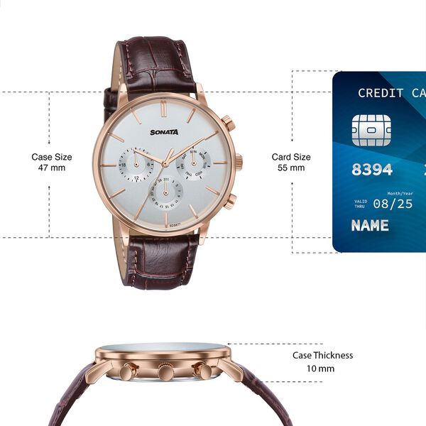 Sonata Festive Quartz Multifunction Silver Dial Brown Leather Strap Watch For Men - image number 3