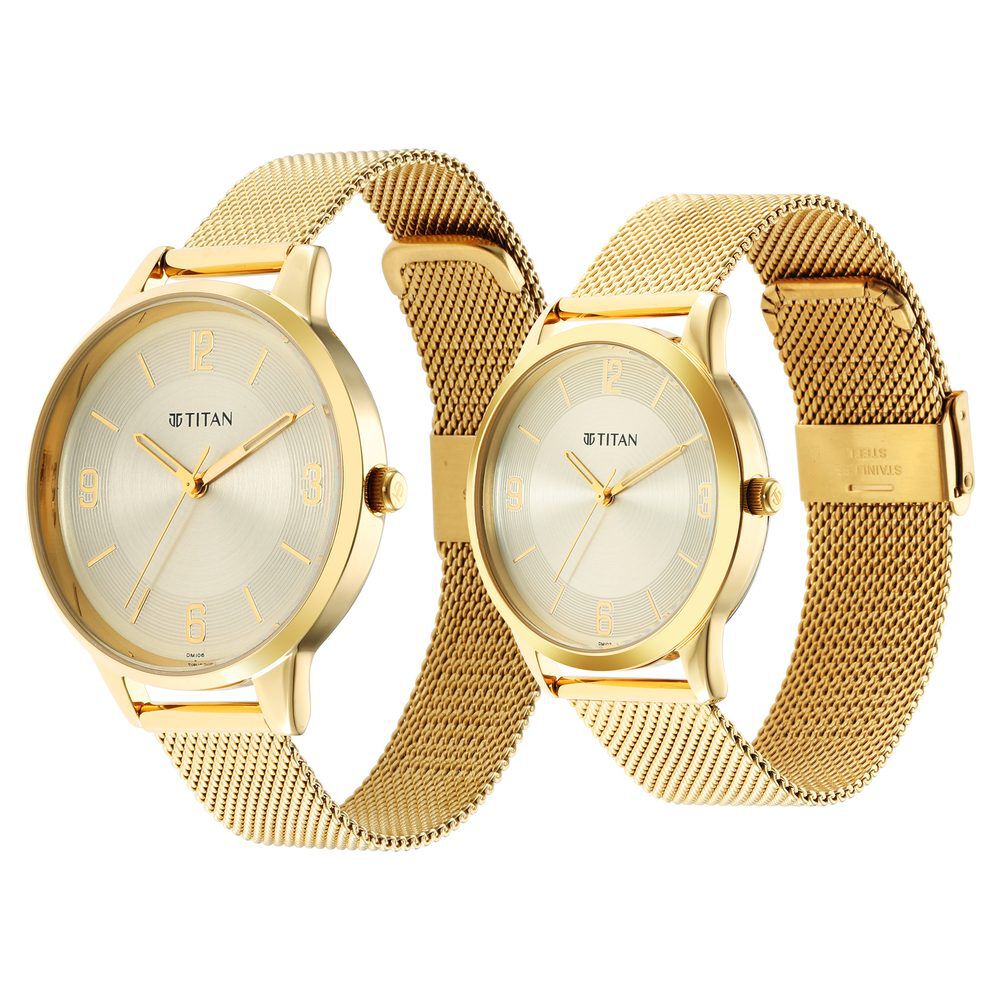 Buy Online Titan Bandhan Champagne Dial Analog Stainless Steel Strap watch for Couple ns18062648ym01p Titan