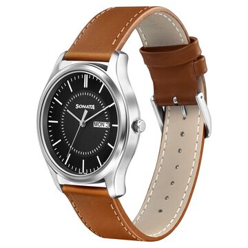 Sonata Quartz Analog with Day and Date Black Dial Leather Strap Watch for Men