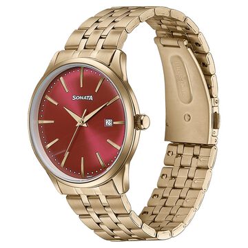 Sonata Wedding Edit Quartz Analog with Date Red Dial Stainless Steel Strap Watch For Men