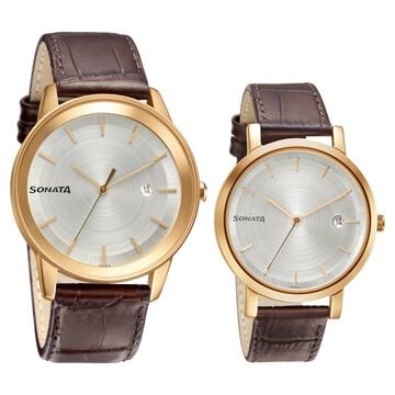 Sonata Quartz Analog with Date White Dial Leather Strap Watch for Couple