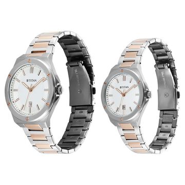 Titan Modern Bandhan Pair Analog with White Dial Dual Tone Rose Gold Stainless Steel Strap Watch for Couples