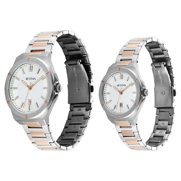Titan Modern Bandhan Pair Analog with White Dial Dual Tone Rose Gold Stainless Steel Strap Watch for Couples - image number 2