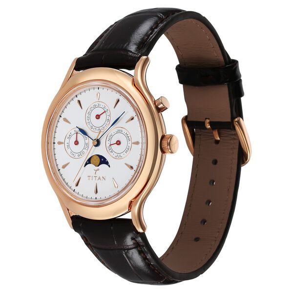 Titan 40 years Quartz Multifunction with Moon Phase White Dial Brown Leather Strap Watch For Men - image number 4