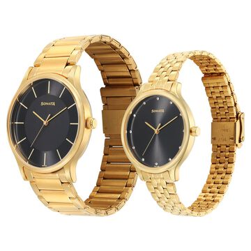 Sonata Pair Quartz Analog Black Dial Stainless Steel Strap Watch for Couple