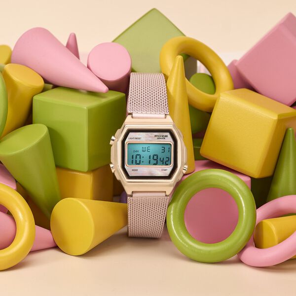 Poze By Sonata Digital Digital Pink Dial Pink Metal Strap Watch For Women - image number 0