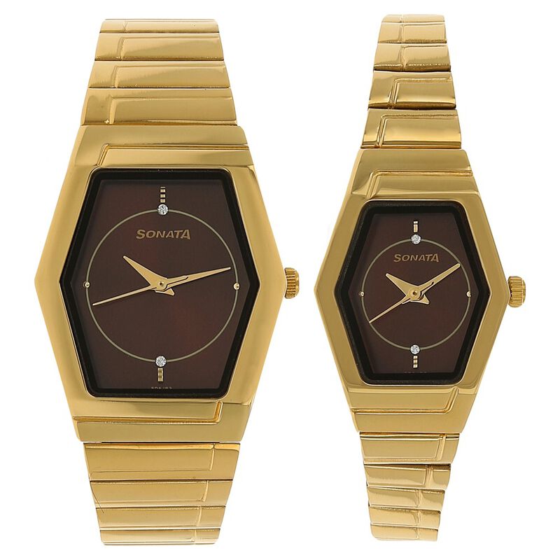 Sonata Quartz Analog Brown Dial Stainless Steel Strap Watch for Couple