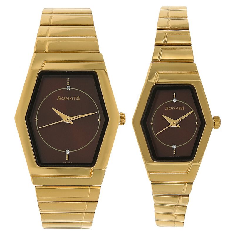 Sonata Quartz Analog Brown Dial Stainless Steel Strap Watch for Couple - image number 0