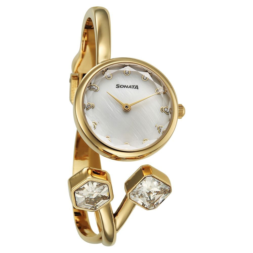 Sonata Aura Quartz Analog White Dial Golden Stainless Steel Strap Watch For Women-image-25