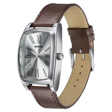 Sonata Ascent Silver Tonneau Watch with Leather Strap