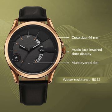Fastrack Groove Quartz Analog with Date Grey Dial Black Leather Strap Watch For Guys