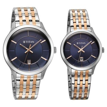 Titan Modern Bandhan Pair Analog with Blue Dial Dual-Tone Rose Gold Stainless Steel Strap Watch for Couples