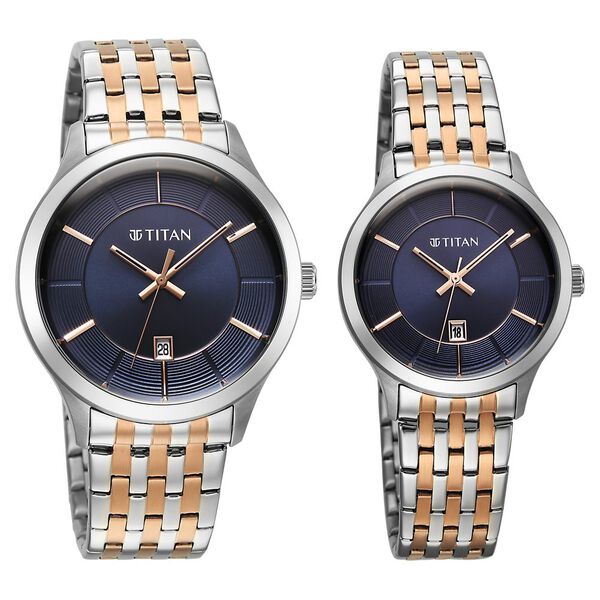 Titan Modern Bandhan Pair Analog with Blue Dial Dual-Tone Rose Gold Stainless Steel Strap Watch for Couples - image number 1