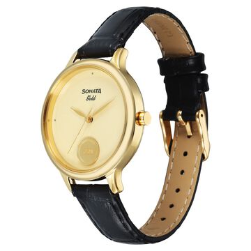Sonata Gold Quartz Analog Champagne With Gold Coin Dial Black Leather Strap Watch For Women