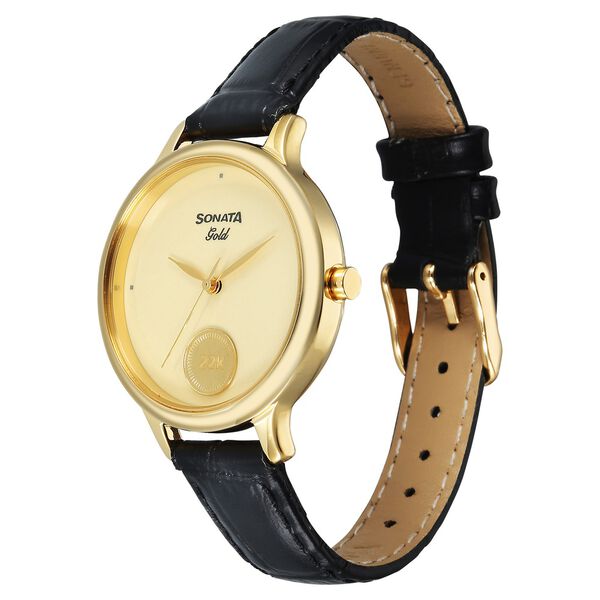 Sonata Gold Quartz Analog Champagne With Gold Coin Dial Black Leather Strap Watch For Women - image number 2
