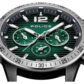 Police Quartz Multifunction Green Dial Black Leather Strap Watch for Men
