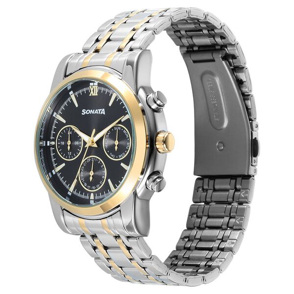 Sonata Wedding Multifunction Black Dial Stainless Steel Strap Watch For Men - image number 2