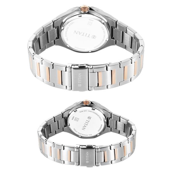 Titan Bandhan Quartz Analog Sun-Moon Silver Dial Two Toned Stainless Steel Strap Watch For Couple - image number 4